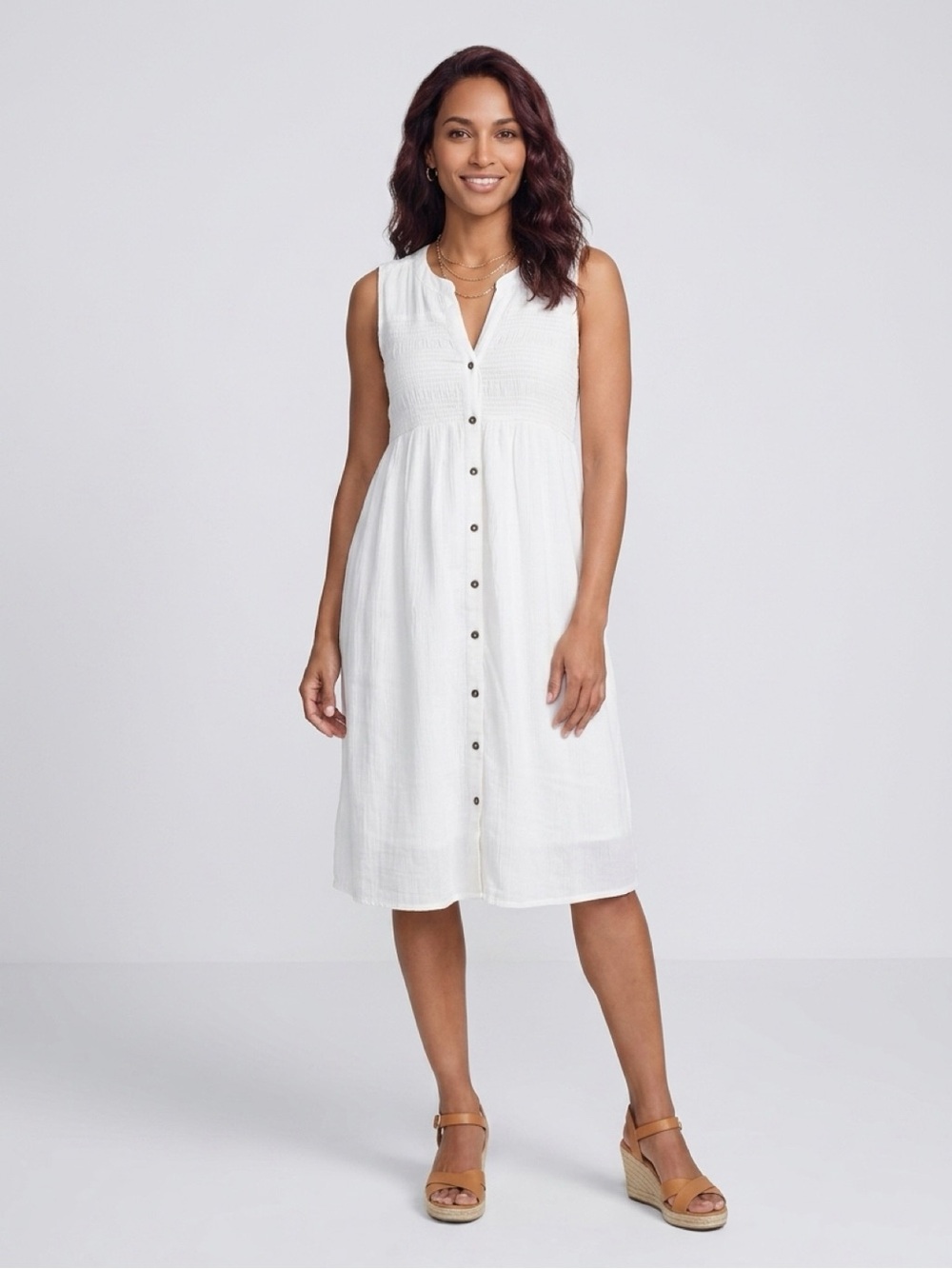 White Sleeveless Button-Down Dress